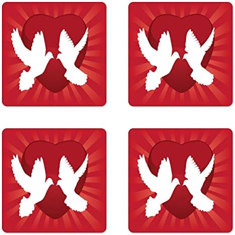 סט רכבת אהבה של אמבסון סט של 4, ציפורים מעפות יונים סמל שלום בהקשר רומנטי רקע קרני שיזים, תחתיות מבריק של לוח קשיח מרובע, גודל סטנדרטי, לבן ורמיליון