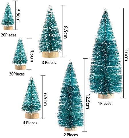 סאטיניור 60 יצירות מלאכותיות מיני חג המולד עץ סיסל עצי שלג מברשת בקבוק עצי חג המולד עצים אורן קישוטים עם בסיס עץ לקישוט בית מסיבת חג המולד