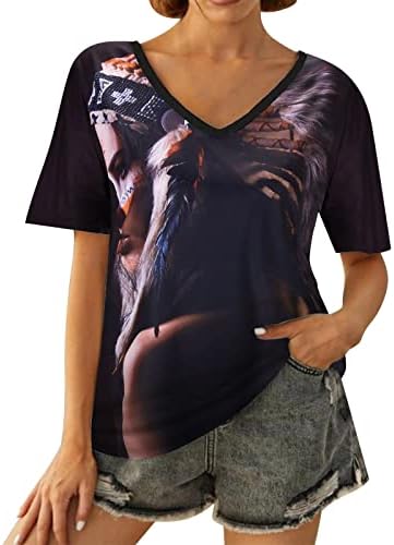 נשים V צוואר שרוול קצר חולצה עליונה הדפסת נוצה בסגנון שבטי קיץ מזדמן ללבוש חיצוני רופף טוניקה טוניקה לנשים