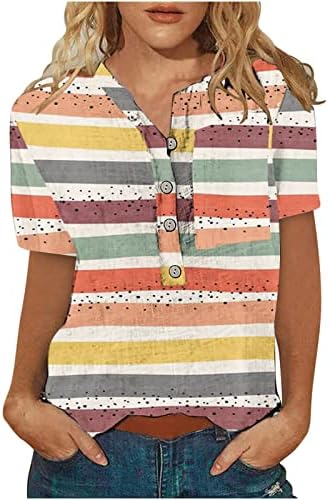 חולצות קיץ נשים פשתן כותנה צמרות צבע גרפיות טייז גרפיות כפתור הנלי מזדמן חולצת חולצת שרוול קצר חולצות טרנדיות
