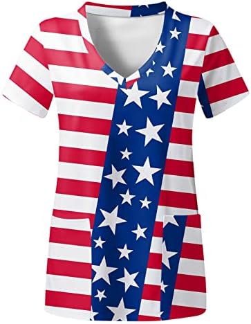 צמרות 4 ביולי לנשים דגל אמריקאי שרוול קצר שרוול V צוואר חולצה עם 2 כיסים לבגדי עבודה מזדמנים מצחיקים לחג מצחיק