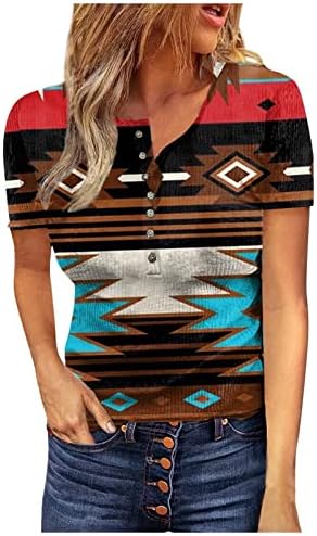 קצר שרוול חולצות לנשים מערבי האצטקים הדפסת חולצות כפתור צווארון חולצות בציר אתני קיץ טיז חולצה למעלה