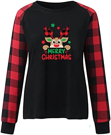 נרברג חולצות לנשים של חג המולד סווטשירט צווארון עגול מצחיק גרפי מודפס באפלו משובץ חולצות חג המולד קומפי רופף בסוודרים
