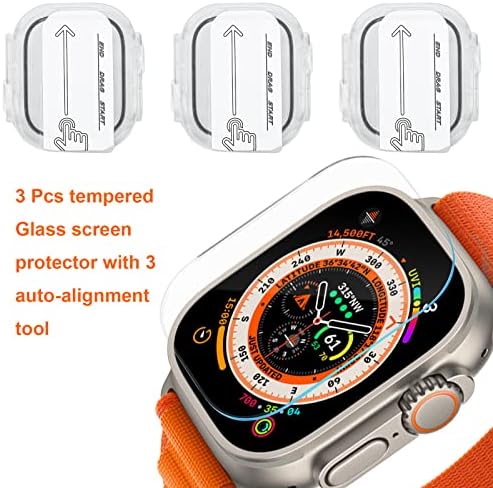 מגן מסך זכוכית מחוסמת 3 חבילות לחותיות עבור Apple Watch Ultra 49 ממ עם מארז יישור, HD ללא מגן מסך ידידותי לבועה לאביזרי אולטרה, אין קצה שחור, ברור