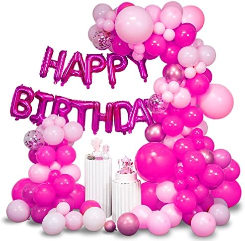 Saneryi Pink Balloon Garland Arch ערכת גוונים של בלוני קונפטי ורוד פושיה לבנות למסיבת יום הולדת קישוט