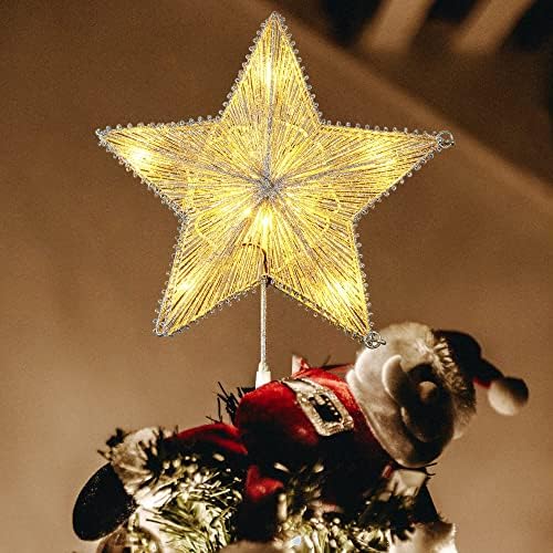טופר עץ חג המולד של כוכב, אור חג המולד של 10 אינץ ', טופר נוצץ עם 10 אורות חמים LED, עץ עץ קישוט לקישוט חג, UL Listd, קישוטים לעץ חג המולד, כסף