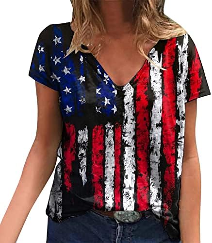 חולצת דגל אמריקאית נשים 4 ביולי חולצת טריקו פטריוטית נשים נ 'צוואר פסים ארהב טיז בסיסי צמרות גרפיות מזדמנות 2023