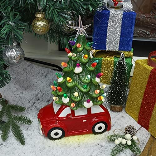 עץ חג המולד של קרמיקה קרמיקה, עץ חג המולד של שולחן השולחן עם אורות רב צבעוניים, מכונית אדומה וינטג 'בגודל 13.5 עם עץ חג המולד עץ חג מוארת עיצוב חג לחדר מטבח בית שולחן משרדי מטבח