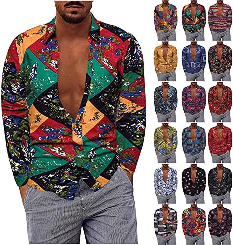 חולצות פשתן כותנה של XXBR לגברים בגודל פלוס גודל, כפתור שרוול ארוך במורד עלים הוואי חולצה וינטג