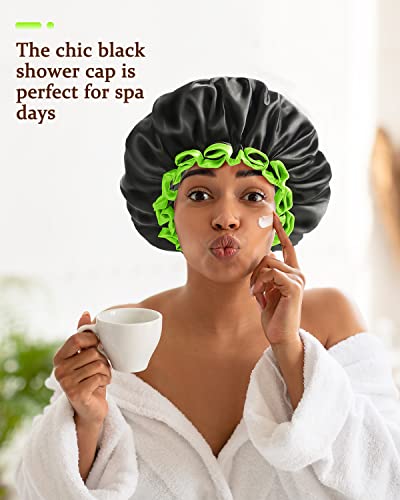 כובע מקלחת שחור של מיקימיני לנשים, גברים ונערות, חבילה אחת, שכבות כפולות לשימוש חוזר כובע מקלחת רחצה אטום למים עם רירית פבה נוחה רכה, כובע מקלחת לא דהוי, נמתח