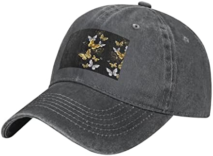 פרפרים לבנים של Aseelo זהב כובע בייסבול מודפס שחור, כובע קאובוי מתכוונן למבוגרים, זמין כל השנה