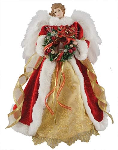 סדנת סנטה סיבים אופטיים טופר עץ מלאך חג המולד, 16 אינץ ', אדום/לבן/זהב