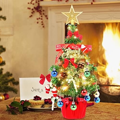 עץ חג מולד קטן עם נורות LED, מיני אורן עצי חג המולד סט קישוטים לחג המולד כוכב Teerep & 32 יח 'קישוטים תלויים לקישוטים לחג המולד DIY