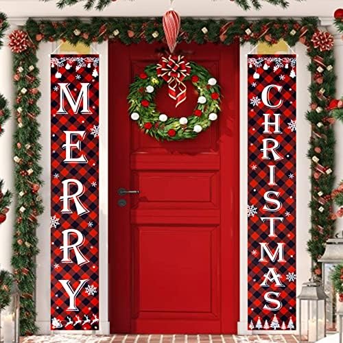 כרזה לחג המולד שמח לבית, שלט מרפסת חג מולד קישוטי מקורה חיצוניים, באנר מרפסת חג המולד משובץ באפלו אדום לסלון למטבח קיר קיר חווה בית חג מולד עיצוב