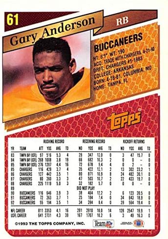 1993 Topps כדורגל 61 גארי אנדרסון טמפה מפרץ בוקנאים רשמי מסחר ב- NFL מחברת TOPPS