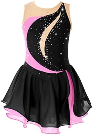 Linjinx ילדים בנות ריינסטון בלוק צבע דמות שמלת החלקה על קרח שמלת ריקוד בלט ללא שרוולים לבגדי ריקוש