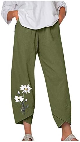 מכנסי פשתן נשים, מותניים גבוהים ברגל רחבה פלאצו יוגה קפריס קיץ פרפר הדפס מכנסיים קצוצים טרנדיים עם כיסים