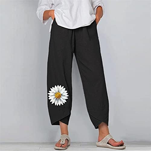 מכנסי קפרי מזדמנים לנשים מכנסי טרנינג פשתן כותנה ברגליים ישר מכנסיים חוף קיץ חוף מכנסיים עם כיסים