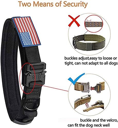 צווארון כלבים טקטי עם ארהב דגל אמריקאי - צווארון כלבים צבאי סמיך עם ידית - ניילון כבד K9 צווארון מתכוונן אבזם מתכת לכיוון בינוני כלבים גדולים L הוכחה עם 2 טלאים