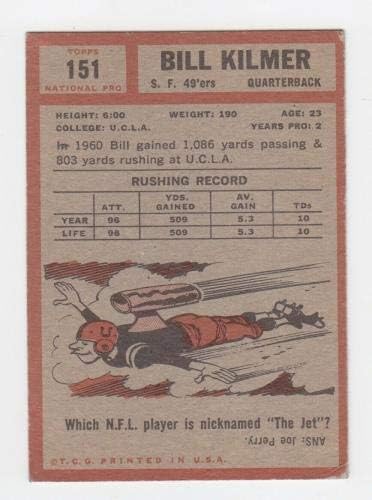 1962 Topps 151 בילי קילמר סן פרנסיסקו 49ers כרטיס כדורגל טירון VG CCI AC - כרטיסי כדורגל לא חתומים