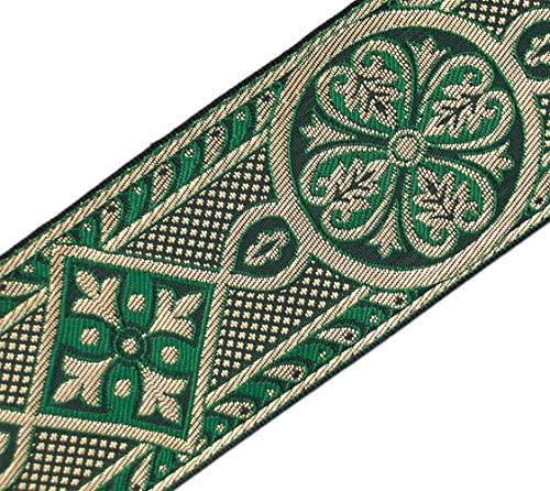 גימור ג'קארד ימי הביניים ירוק וזהב עבור אפלוס חסיד 2 3/8 דתי ברוחב
