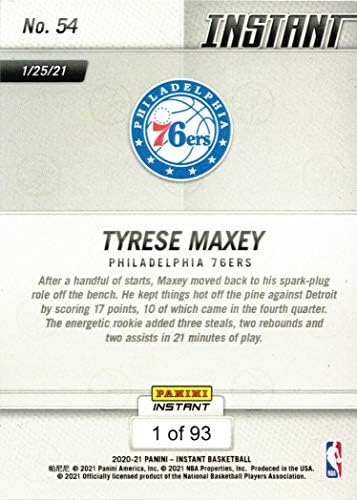 2020-21 כדורסל מיידי של פאניני 54 Tyrese Maxey Trookie Card 76ers - רק 93 תוצרת!
