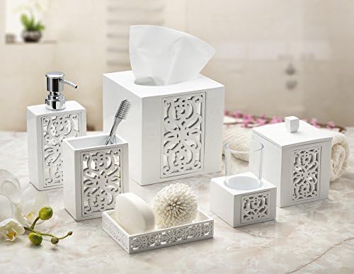 ניחוחות יצירתיים סט אביזרי אמבטיה לבנים - סט אמבטיה דקורטיבי 4 חלקים - סט אביזר אמבטיה מראות כולל: מתקן סבון, מחזיק מברשת שיניים, צלחת סבון וטיילר