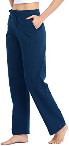 מכנסי טרנינג כותנה לנשים מכנסי ספורט יוגה תחתונים פתוחים מכנסיים אתלטים ברגליים ישר עם כיסים