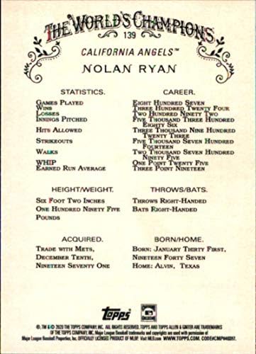 2020 Topps Allen ו- Ginter 139 Nolan Ryan California Angels MLB כרטיס בייסבול NM-MT